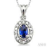 5x3 MM Oval Shape Sapphire and 1/20 Ctw Round Cut Diamond Pendant in 10K White Gold with Chain