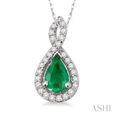 6x4 MM Pear Shape Emerald and 1/10 Ctw Round Cut Diamond Pendant in 14K White Gold with Chain