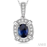 6x4 MM Oval Cut Sapphire and 1/10 Ctw Single Cut Diamond Pendant in 10K White Gold with Chain