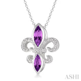 10x5 & 8x4  MM marquise cut Amethyst and 1/50 Ctw Single Cut Diamond Fleur De Lis Pendant in Sterling Silver with Chain