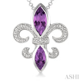 10x5 & 8x4  MM marquise cut Amethyst and 1/50 Ctw Single Cut Diamond Fleur De Lis Pendant in Sterling Silver with Chain