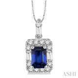 6x4 MM Octagon Cut Sapphire and 1/3 Ctw Round Cut Diamond Precious Pendant in 14K White Gold with Chain