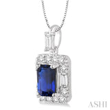 6x4 MM Octagon Cut Sapphire and 1/3 Ctw Round Cut Diamond Precious Pendant in 14K White Gold with Chain