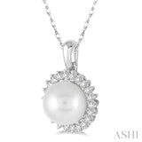 8x8 MM Round Shape Cultured Pearl and 1/5 ctw Round Cut Diamond Pendant in 14K White Gold with Chain