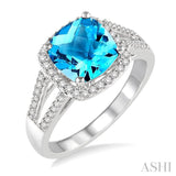 8x8 MM Cushion Shape Blue Topaz and 1/4 ctw Round cut Diamond Ring in 10K White Gold
