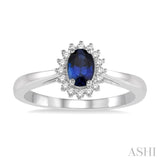 6X4 MM Oval Cut Sapphire Center and 1/8 Ctw Round Cut Diamond Halo Precious Stone Ring in 10K White Gold