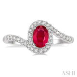 1/5 Ctw Embraced Oval Shape 6x4 MM Ruby & Round Cut Diamond Precious Ring in 10K White Gold