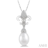 9x7 MM Drop Shape Cultured Pearl and 1/10 ctw Round Cut Diamond Fleur De Lis Pendant in 10K White Gold