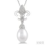 9x7 MM Drop Shape Cultured Pearl and 1/10 ctw Round Cut Diamond Fleur De Lis Pendant in 10K White Gold