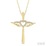 1/10 Ctw Angel Wing & Heart Round Cut Diamond Cross Pendant With Chain in 10K Yellow Gold