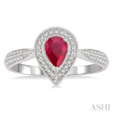 1/6 Ctw Pointed Shank 6X4 MM Pear Cut Ruby & Round Cut Diamond Precious Ring in 10K White Gold