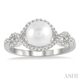 1/5 Ctw Twisted Open Lattice 7 MM Cultured Pearl and Round Cut Diamond Ring in 10K White Gold