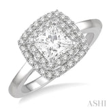 3/4 ctw Princess & Halo Round Cut Diamond Ladies Engagement Ring With 1/2 ct Princess Cut Center Stone in 14K White Gold