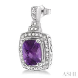 8x6 MM Cushion Shape Amethyst and 1/10 ctw Single Cut Diamond Earrings in Sterling Silver