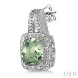 8x8 MM Cushion Shape Green Amethyst and 1/20 ctw Single Cut Diamond Earrings in Sterling Silver