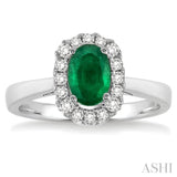 6x4 MM Oval Cut Emerald and 1/6 ctw Round Cut Diamond Precious Ring in 14K White Gold