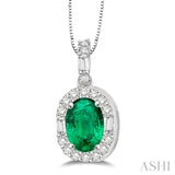 6x4 MM Oval Shape Emerald and 1/4 Ctw Diamond Precious Pendant in 14K White Gold with Chain