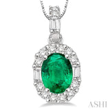 6x4 MM Oval Shape Emerald and 1/4 Ctw Diamond Precious Pendant in 14K White Gold with Chain