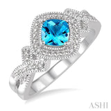 1/50 ctw Cushion Shape 5x5 MM Blue Topaz & Round Cut Diamond Sterling Silver Ring