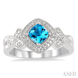 1/50 ctw Cushion Shape 5x5 MM Blue Topaz & Round Cut Diamond Sterling Silver Ring