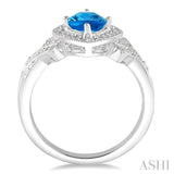 1/50 ctw Cushion Shape 5x5 MM Blue Topaz & Round Cut Diamond Sterling Silver Ring