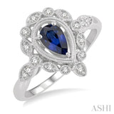 1/8 Ctw Lattice Reverse Taper Shank Round Cut Diamond & 6x4 MM Pear Cut Sapphire Precious Ring in 10K White Gold