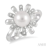 7 MM Round Shape Floral Cultured Pearl and 1/10 ctw Round Cut Diamond Ring in 10K White Gold