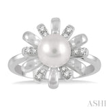 7 MM Round Shape Floral Cultured Pearl and 1/10 ctw Round Cut Diamond Ring in 10K White Gold