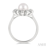 7 MM Round Shape Floral Cultured Pearl and 1/10 ctw Round Cut Diamond Ring in 10K White Gold