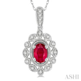 1/8 Ctw Lattice Round Cut Diamond & 6x4 MM Oval Cut Ruby Precious Pendant With Chain in 10K White Gold