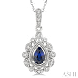 1/8 Ctw Lattice Round Cut Diamond & 6x4 MM Pear Cut Sapphire Precious Pendant With Chain in 10K White Gold