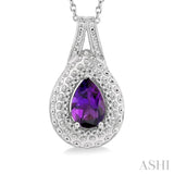 1/20 Ctw Round Cut Diamond & 9x6 MM Pear Cut Amethyst Semi Precious Pendant With Chain in Sterling Silver