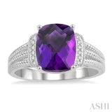 10x8 MM Cushion Shape Amethyst and 1/20 ctw Round Cut Diamond Semi Precious Ring in Sterling Silver