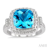 10x10 MM Cushion Shape Blue Topaz and 1/50 ctw Round Cut Diamond Semi Precious Ring in Sterling Silver