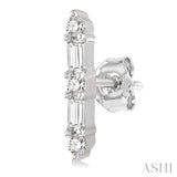 1/6 Ctw Solid Bar Baguette and Round Cut Diamond Petite Earring in 10K White Gold