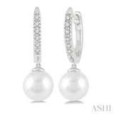 6 MM Round Shape Cultured Pearls and 1/8 Ctw Round Cut Diamond Drop Petite Huggie Earrings 10K White Gold
