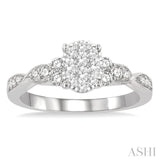 1/2 Ctw Oval Shape Center Criss Cross Carved Shank Lovebright Round Cut Diamond Engagement Ring in 14K White Gold