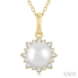 1/10 ctw Petite Sun 6X6 MM Cultured Pearl and Round Cut Diamond Fashion Pendant With Chain in 10K Yellow Gold