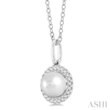 1/20 ctw Petite Round Cut Diamond Halo and 6X6 MM Cultured Pearl Fashion Pendant With Chain in 10K White Gold