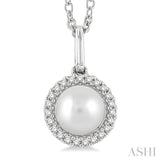 1/20 ctw Petite Round Cut Diamond Halo and 6X6 MM Cultured Pearl Fashion Pendant With Chain in 10K White Gold