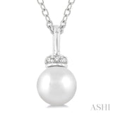 1/20 ctw Petite 6X6 MM Cultured Pearl and Round Cut Diamond Crown Fashion Pendant With Chain in 10K White Gold