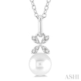 1/50 ctw Petite Floral Round Cut Diamond and 6X6 MM Cultured Pearl Fashion Pendant With Chain in 10K White Gold