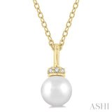 6 MM Round Shape Cultured Pearl and 1/20 ctw Petite Round Cut Diamond Crown Fashion Pendant With Chain in 10K Yellow Gold