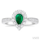 1/3 ctw Pear Cut 6X4 MM Emerald and Round Cut Diamond Precious Ring in 14K White Gold