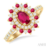 3/8 ctw Floral 6X4 MM Oval & 1.5 MM Round Cut Ruby and Round Cut Diamond Precious Ring in 14K Yellow Gold