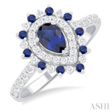 6X4 MM Pear Shape & 1.5 MM Round Cut Sapphire and 3/8 ctw Round Cut Diamond Floral Precious Ring in 14K White Gold