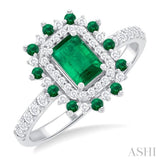 1/3 ctw Floral 6X4 MM Emerald & 1.5 MM Round Cut Ruby and Round Cut Diamond Precious Ring in 14K White Gold