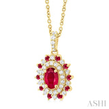 1/4 ctw Floral 6X4 MM Oval & 1.55 MM Round Cut Ruby and Round Cut Diamond Precious Pendant With Chain in 14K Yellow Gold