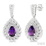 6X4 MM Pear Cut Amethyst and 1/20 Ctw Round Cut Diamond Semi-Precious Earrings in Sterling Silver