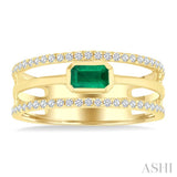 5x3 MM East- West Emerald and 1/4 Ctw Round Cut Diamond Triple Split Precious Ring in 10K Yellow Gold